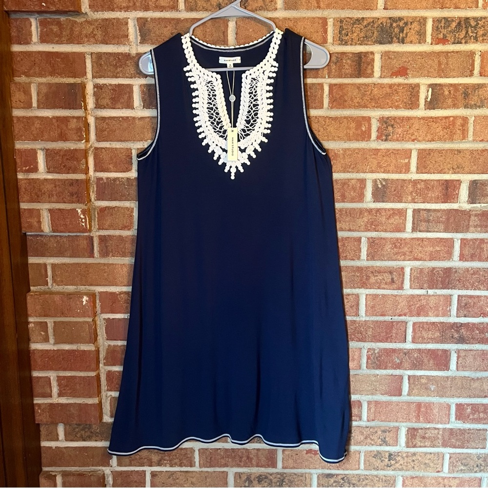 NWT Max Studio Women M Navy Blue Knit A-Line Sleeveless Dress Crochet Trim Vneck